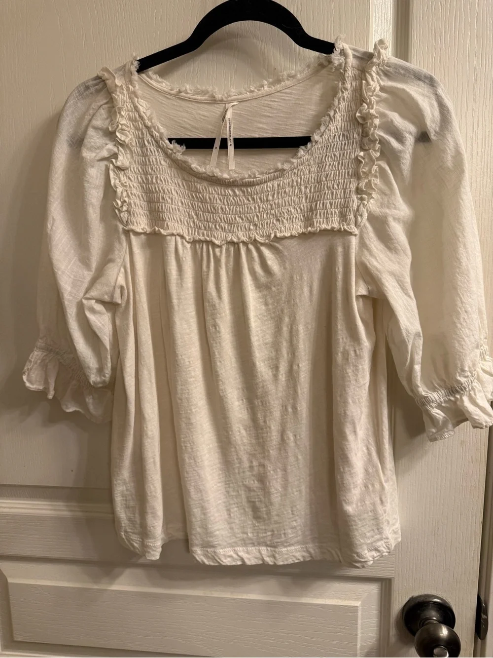 Anthropology Women’s Cream Smocked Square-Neck Peasant Top